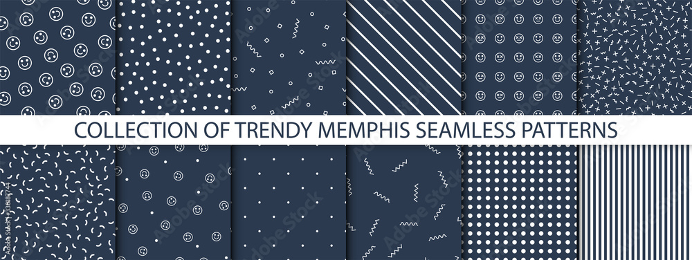 Collection of retro memphis patterns - seamless. Fashion 80-90s. Black and white mosaic textures. Collection of retro memphis patterns - seamless. Fashion 80-90s. Black and white mosaic textures.