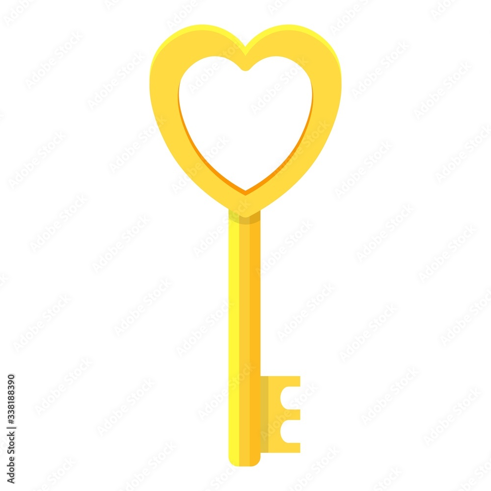 Gold heart shape door key icon. Cartoon of gold heart shape door key vector icon for web design isolated on white background