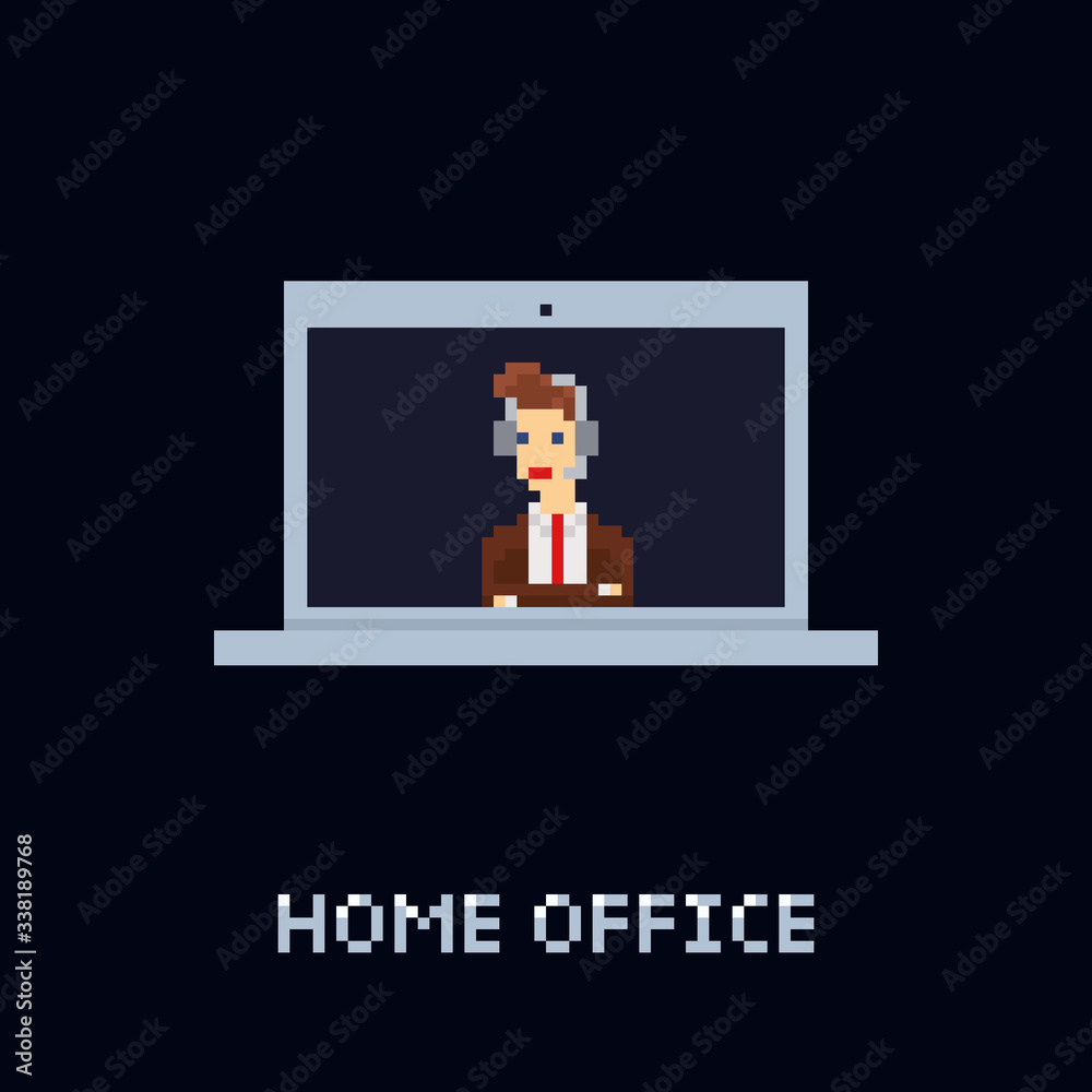 Vector pixel art illustration - young male office worker wearing a suit, tie and a headset on a video meeting conference call.
