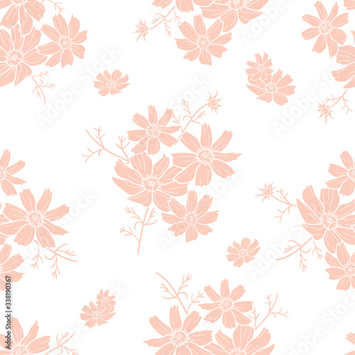 Peach floral silhouette vector seamless pattern on white abckground. Great for spring and summer wallpaper, backgrounds, invitations, packaging design projects. Surface pattern design.