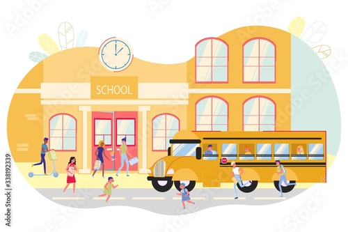 Children Get on Bus at School, Transportation.