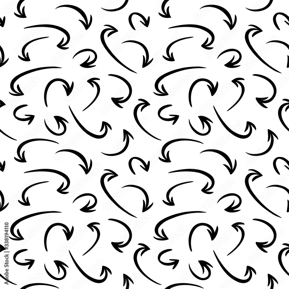 Black and white sketch arrows, pointers seamless repeat vector pattern. Hand brush drawn various curved, arched artistic uneven arrow shapes background. Painted doodle style texture. Black and white sketch arrows, pointers seamless repeat vector pattern. Hand brush drawn various curved, arched artistic uneven arrow shapes background. Painted doodle style texture.