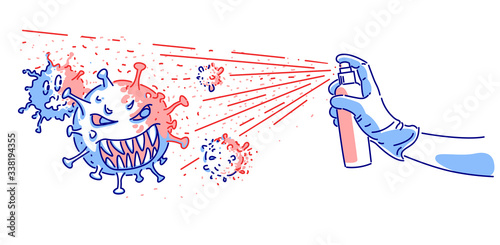 Medical sanitizer spray bottle against corona virus strain cells cartoon vector illustration, antibacterial disinfection, COVID-19 pandemic prevention