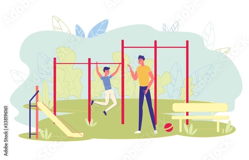 Man Teaches Son Sport Exercises on Sportsground.