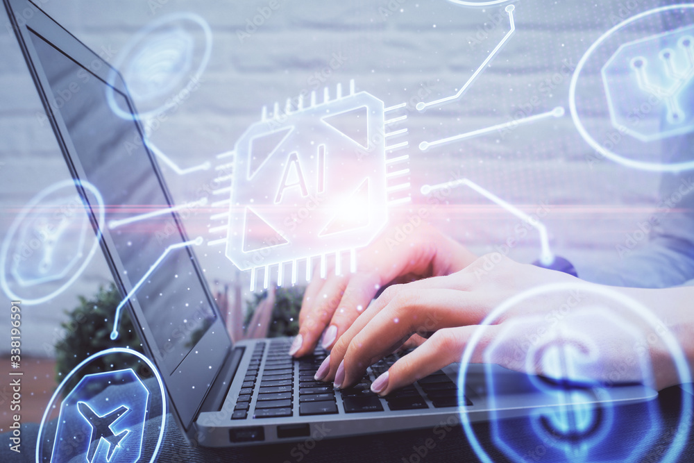 Double exposure of woman hands working on computer and data theme hologram drawing. Tech concept. Double exposure of woman hands working on computer and data theme hologram drawing. Tech concept.