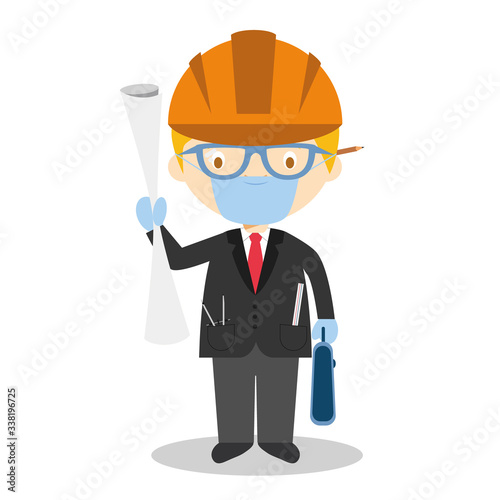 Cute cartoon vector illustration of an architect with surgical mask and latex gloves as protection against a health emergency