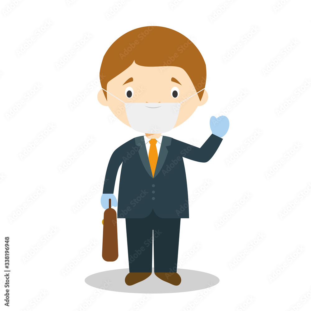 Cute cartoon vector illustration of a businessman with surgical mask and latex gloves as protection against a health emergency