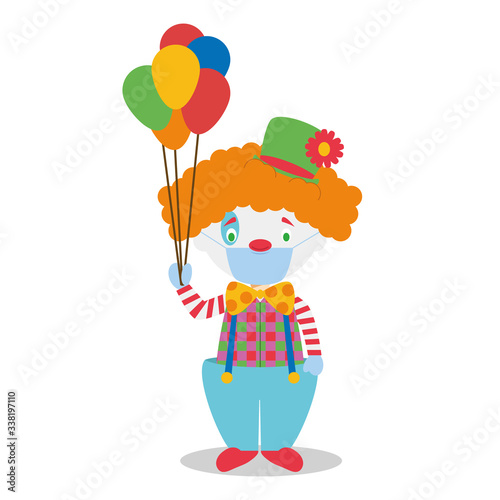 Cute cartoon vector illustration of a clown with surgical mask and latex gloves as protection against a health emergency