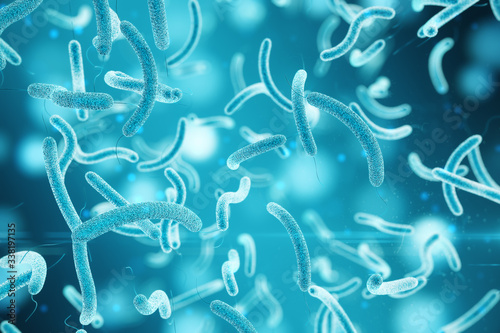 Foto Blue micro bacterium organisms.