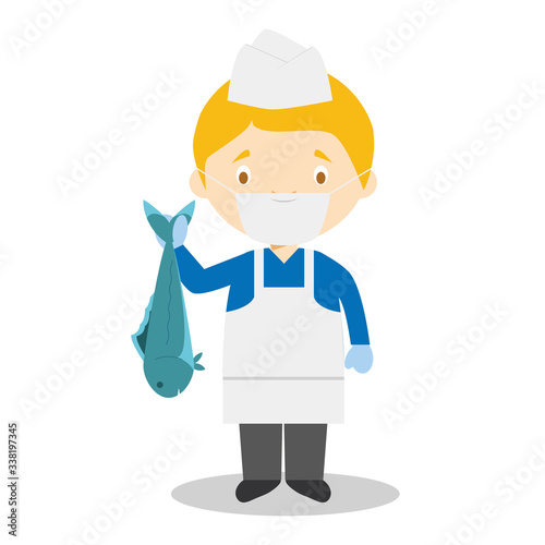 Cute cartoon vector illustration of a fishmonger with surgical mask and latex gloves as protection against a health emergency