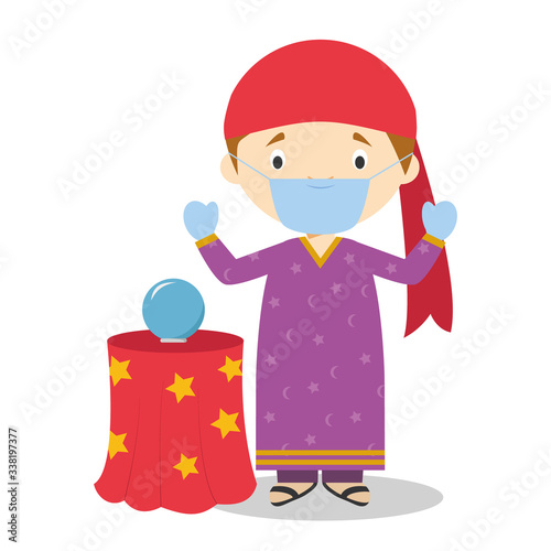 Cute cartoon vector illustration of a fortune teller with surgical mask and latex gloves as protection against a health emergency