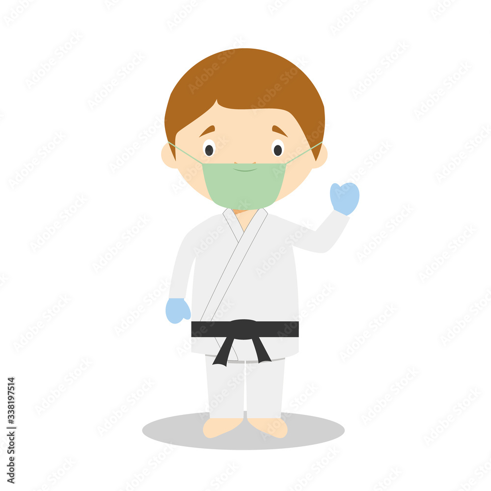 Cute cartoon vector illustration of a karateka with surgical mask and latex gloves as protection against a health emergency