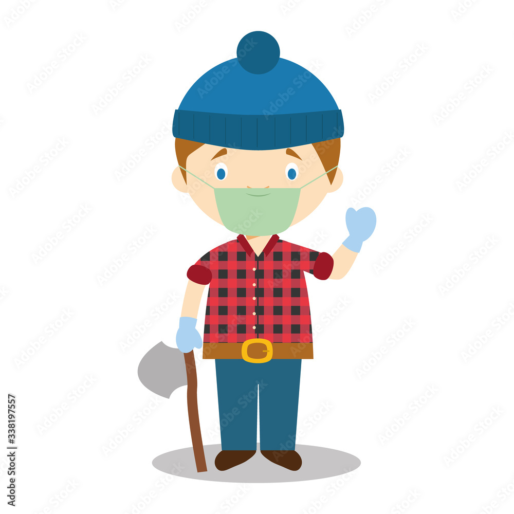 Cute cartoon vector illustration of a lumberjack with surgical mask and latex gloves as protection against a health emergency