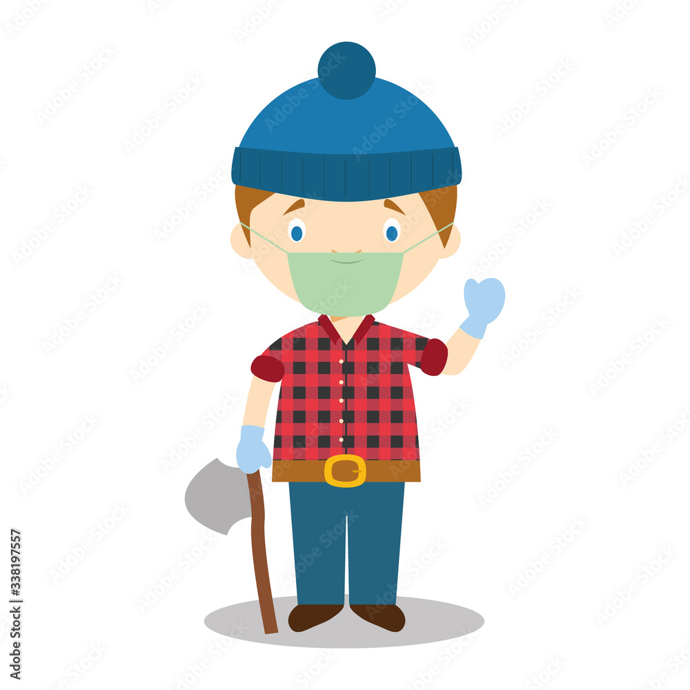 Cute cartoon vector illustration of a lumberjack with surgical mask and latex gloves as protection against a health emergency Cute cartoon vector illustration of a lumberjack with surgical mask and latex gloves as protection against a health emergency