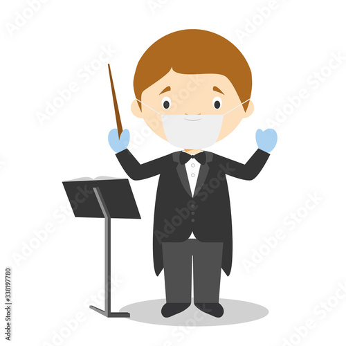 Cute cartoon vector illustration of an orchestra director with surgical mask and latex gloves as protection against a health emergency