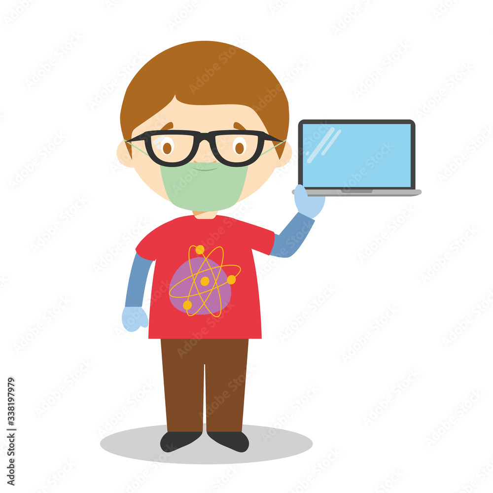 Cute cartoon vector illustration of a programmer with surgical mask and latex gloves as protection against a health emergency