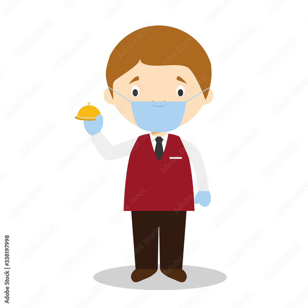 Cute cartoon vector illustration of a receptionist with surgical mask and latex gloves as protection against a health emergency
