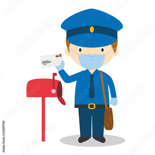 Cute cartoon vector illustration of a postman with surgical mask and latex gloves as protection against a health emergency