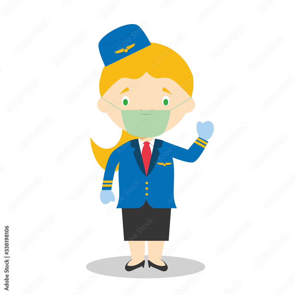 Cute cartoon vector illustration of a stewardess with surgical mask and latex gloves as protection against a health emergency Cute cartoon vector illustration of a stewardess with surgical mask and latex gloves as protection against a health emergency