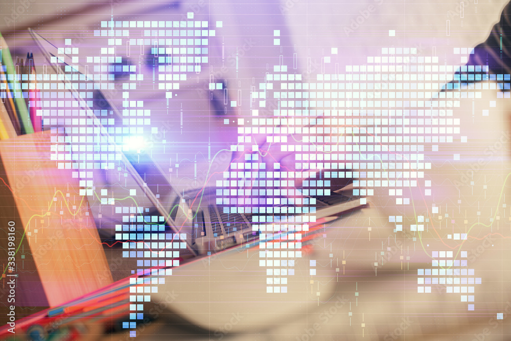 Double exposure of woman hands typing on computer and business theme hologram drawing. Success concept. Double exposure of woman hands typing on computer and business theme hologram drawing. Success concept.