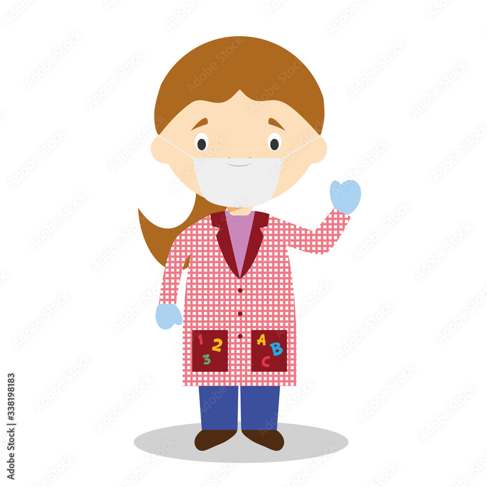 Cute cartoon vector illustration of a female teacher with surgical mask and latex gloves as protection against a health emergency