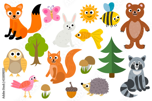 Fototapeta Naklejka Na Ścianę i Meble -  Cute cartoon set of woodland animals isolated on white background.  Fox and hedgehog, owl and rabbit, bear and raccoon, bee and butterfly, golden fish and bird, squirrel and sun, trees, mushrooms.  