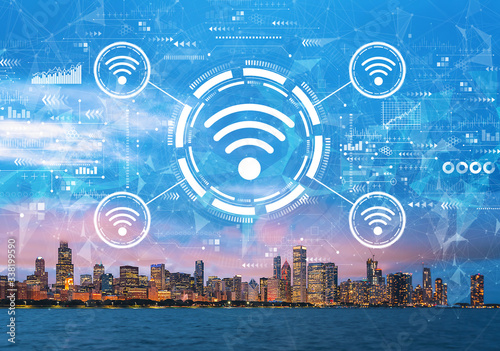 Wifi theme with downtown Chicago cityscape skyline with Lake Michigan