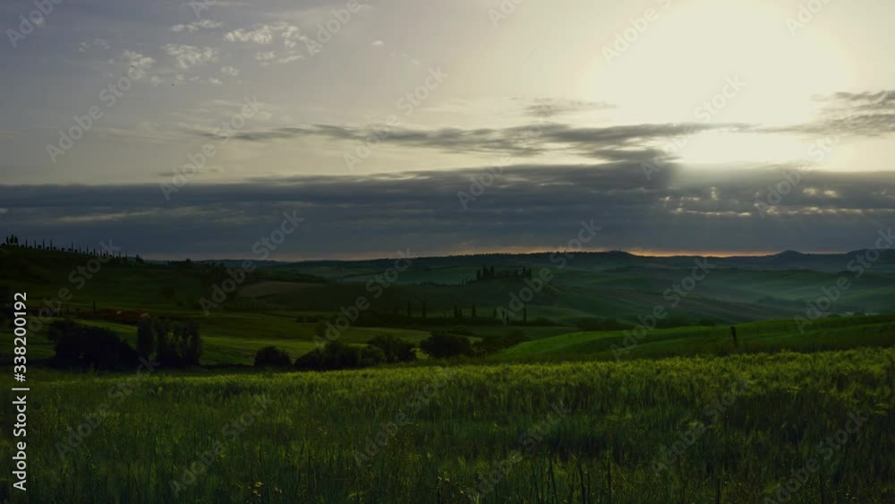 Tuscany landscape at sunrise with farm house and hills, Italy, zoom in timelapse 4k Tuscany landscape at sunrise with farm house and hills, Italy, zoom in timelapse 4k