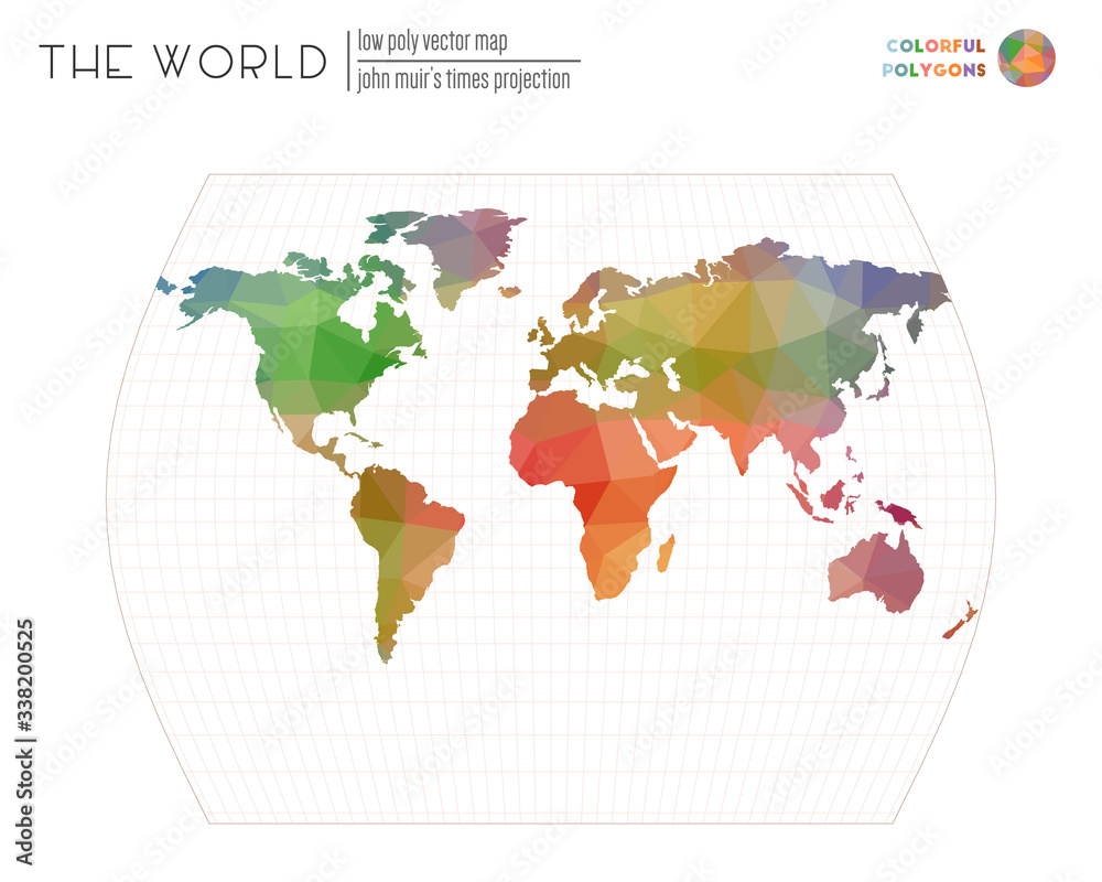 Naklejka premium Polygonal world map. John Muir's Times projection of the world. Colorful polygons. Stylish vector illustration.