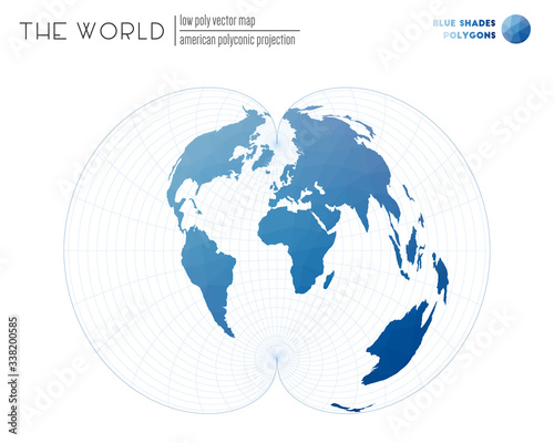 Abstract world map. American polyconic projection of the world. Blue Shades colored polygons. Beautiful vector illustration.