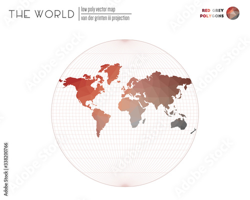 Vector map of the world. Van der Grinten III projection of the world. Red Grey colored polygons. Modern vector illustration.