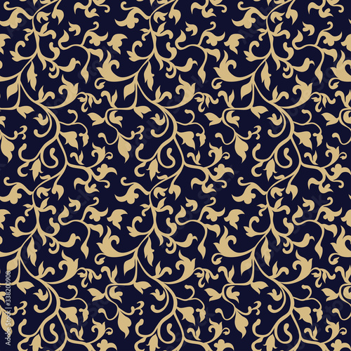 Wallpaper in the style of Baroque, damask. A seamless vector background. Gold and blue-black ornament