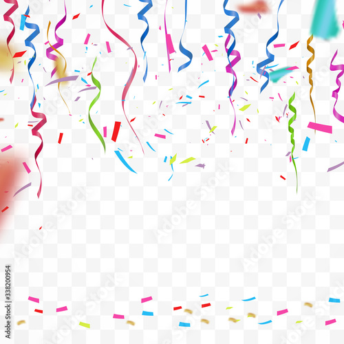 Colorful Bright Confetti Isolated on Transparent Background. Holiday Decorative Falling Shiny Confetti. Vector Illustration