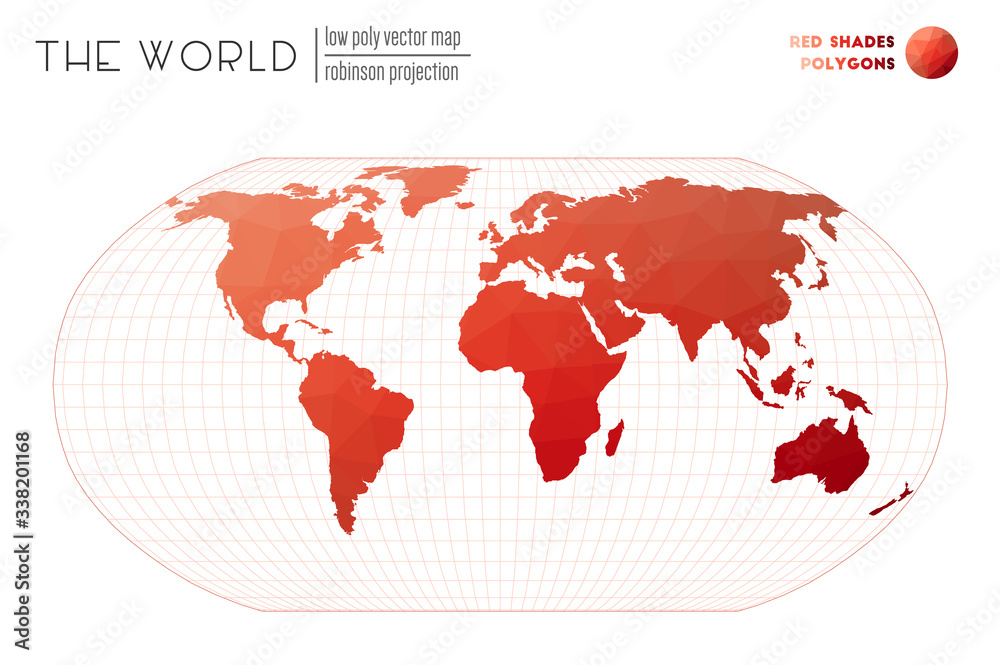 World map with vibrant triangles. Robinson projection of the world. Red shades colored polygons. Amazing vector illustration. World map with vibrant triangles. Robinson projection of the world. Red shades colored polygons. Amazing vector illustration.