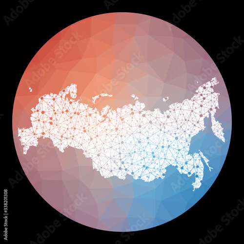 Vector network Russia map. Map of the country with low poly background. Rounded Russia illustration in technology, internet, network, telecommunication concept style. Awesome vector illustration.