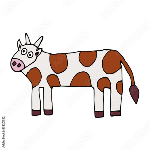 Cartoon doodle cow isolated on white background. Cute hand drawn farm animal. Vector illustration. 