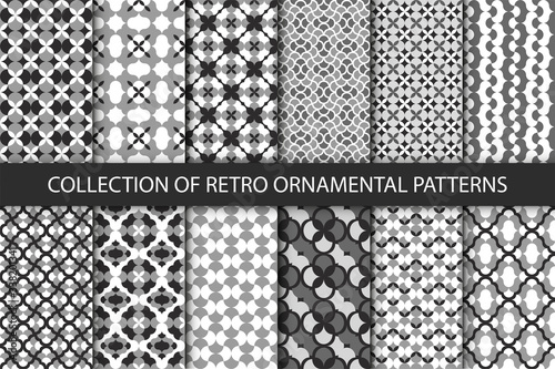 Retro pattern collection. Vector set of 12 monochrome ornamental backgrounds