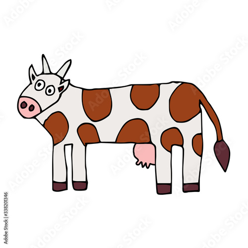 Cartoon doodle cow isolated on white background. Cute hand drawn farm animal. Vector illustration. 