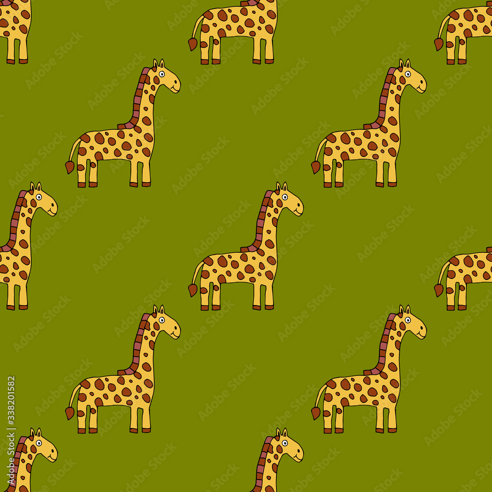Obraz premium Cartoon doodle linear giraffe seamless pattern. Safari animal background. Childlike style. Vector illustration 