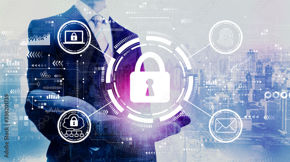 Internet network security concept with businessman on a city background Internet network security concept with businessman on a city background