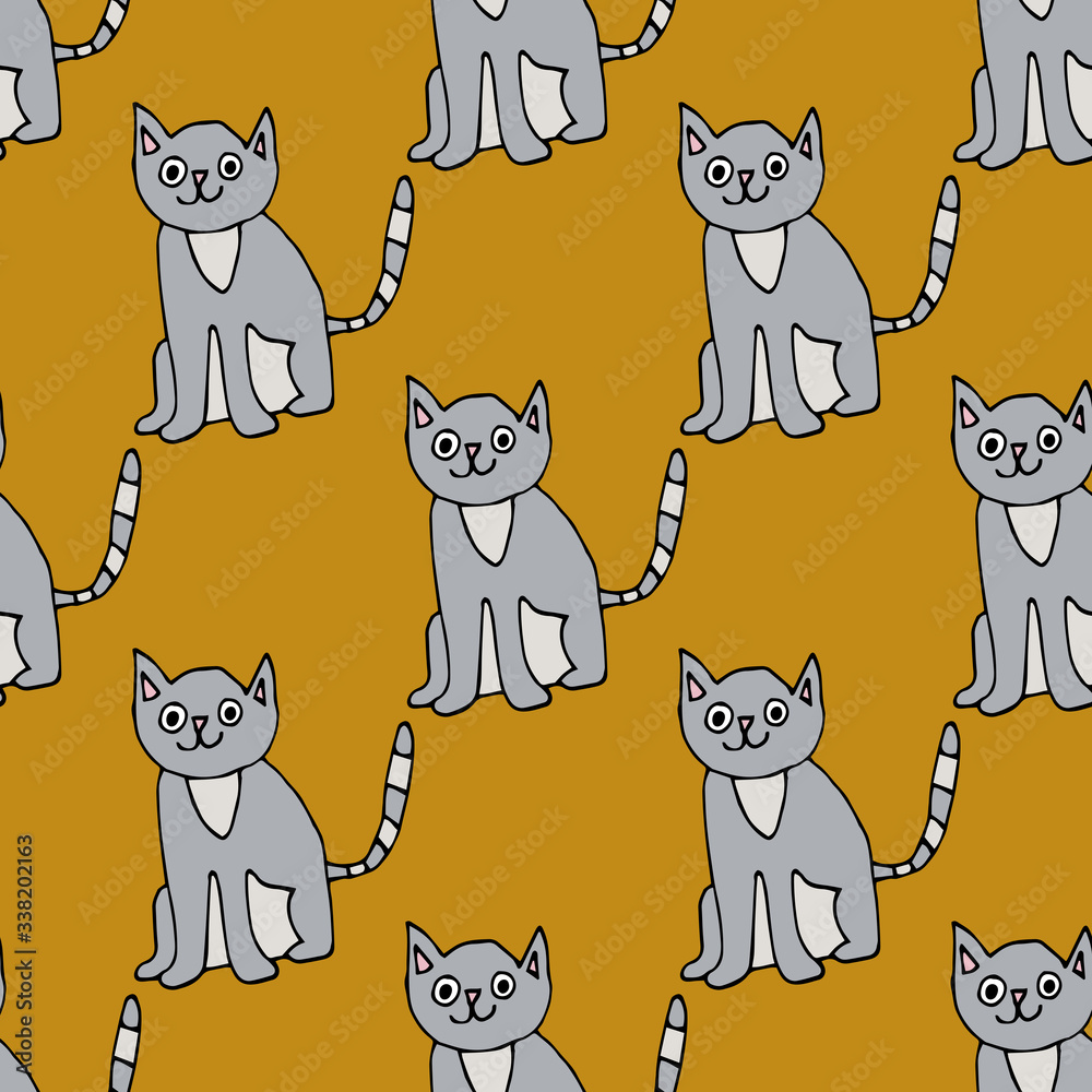 Cartoon doodle cat seamless pattern. Pet, animal background. Vector illustration.     
