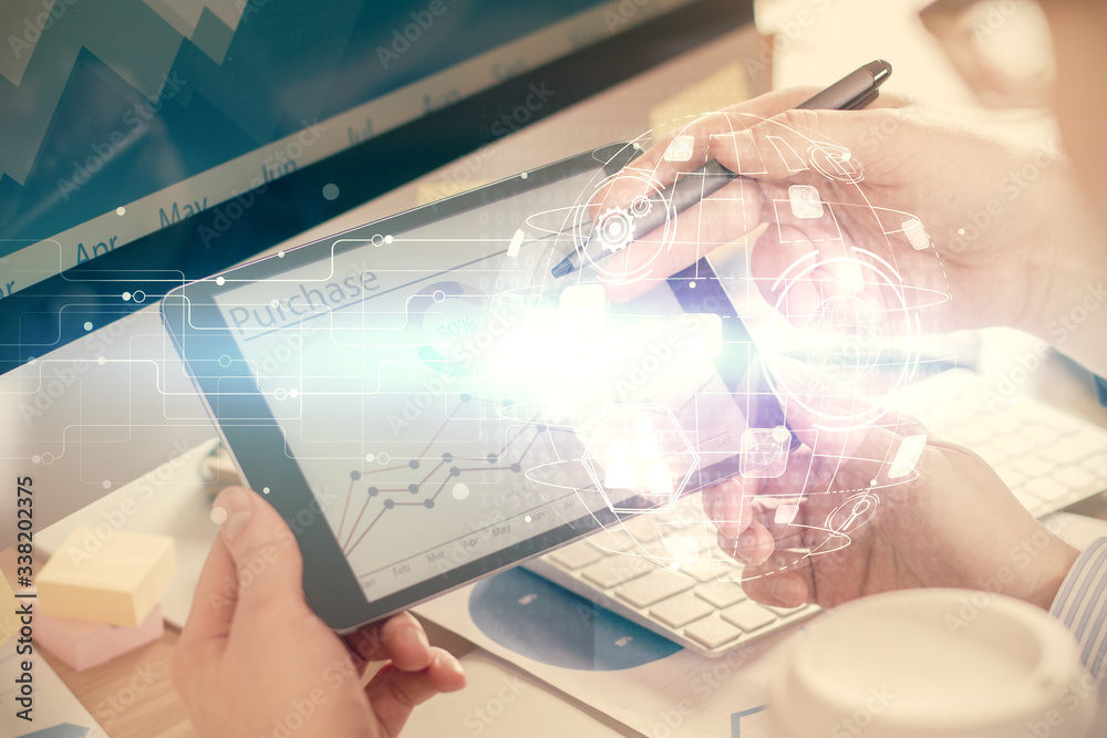 Double exposure of man's hands holding and using a phone and social network theme drawing. Double exposure of man's hands holding and using a phone and social network theme drawing.