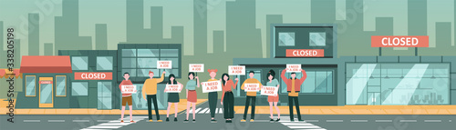 Vector of a unemployed jobless people protesting on a street photo