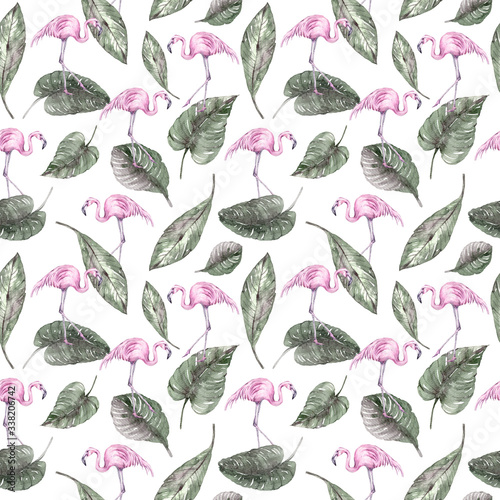 Hand painted watercolor tropical seamless pattern with exotic palm leaves  pink flamingo on white background. Palm leaves  jungle leaves. Floral pattern for wallpaper  scrapbooking  wrapping