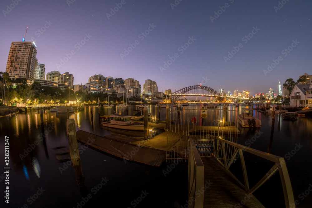fisheye of cityscape and harbour at dawn