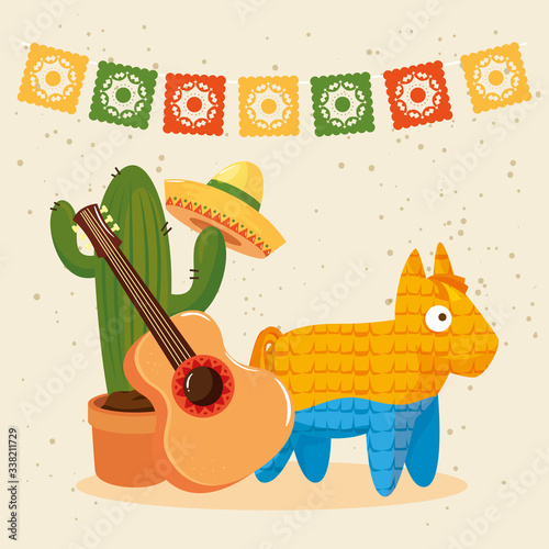 Mexican cactus hat guitar and pinata design, Mexico culture tourism landmark latin and party theme Vector illustration