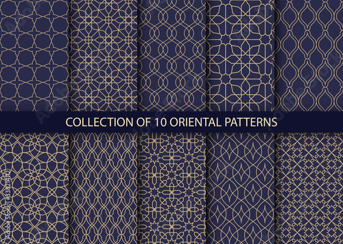 Collection of 10 oriental patterns. Dark blue and gold background with Arabic ornaments. Patterns, backgrounds and wallpapers for your design. Textile ornament. Vector illustration.
