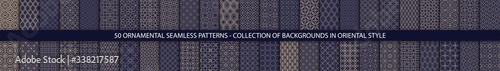 Super Big set of 50 oriental patterns. Dark blue and gold background with Arabic ornaments. Patterns, backgrounds and wallpapers for your design. Textile ornament. Vector illustration.