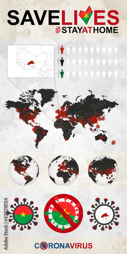 Infographic about Coronavirus in Burkina Faso – Stay at Home, Save Lives. Burkina Faso Flag and Map.