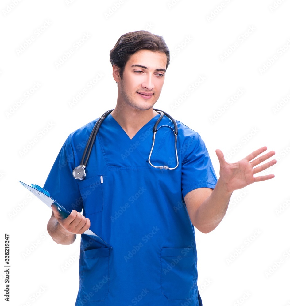 Young male doctor pressing buttons isolated on white Young male doctor pressing buttons isolated on white